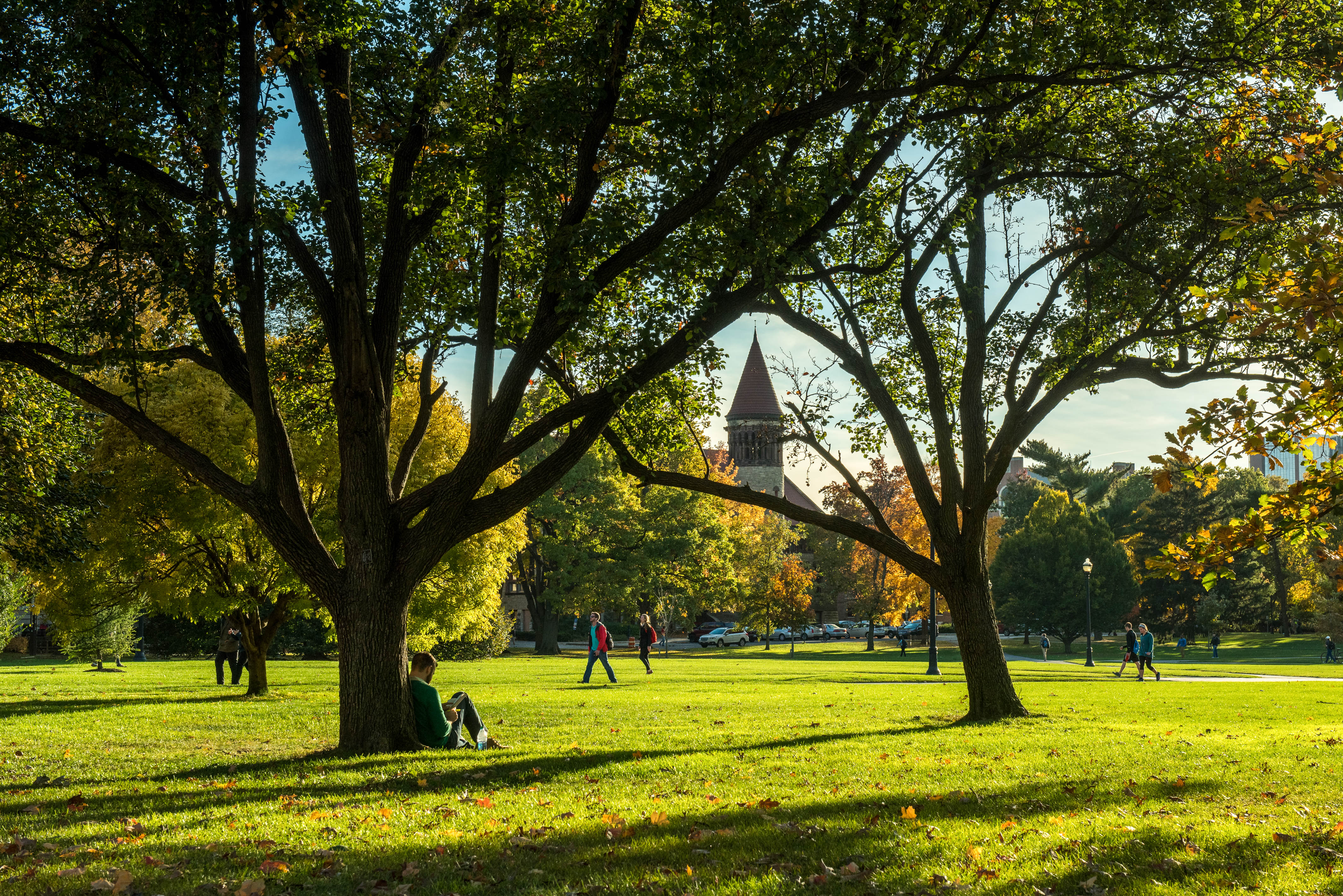 Orton Hall showing in skyline over the oval lawn in the evening