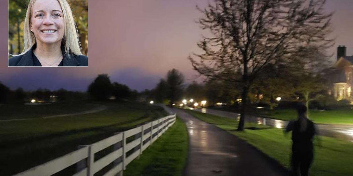 Shannon Rice running at dawn in her neighborhood, with an inset of her headshot