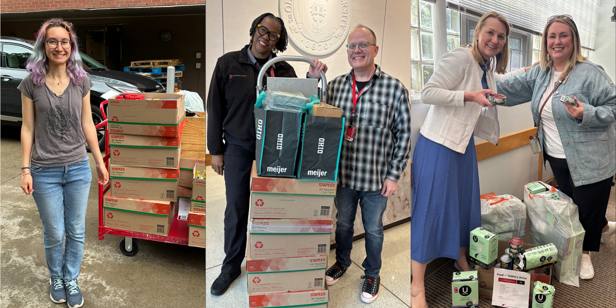 Three different photos in one collage of people smiling in front of the food donations.