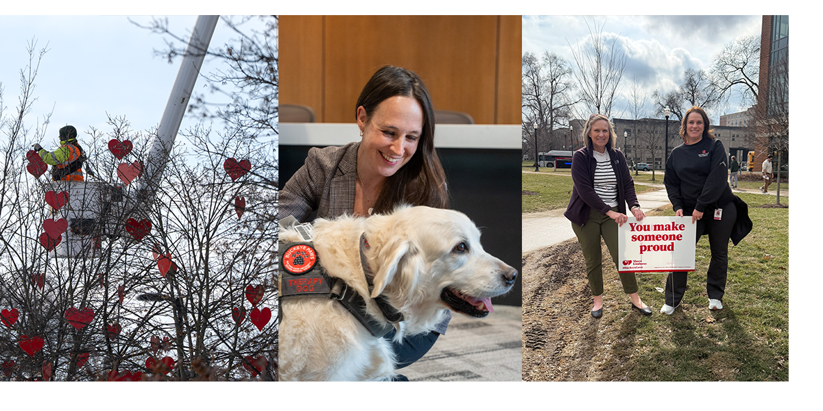 Three photos in one. Left photo is a man hanging red hearts in a tree, middle is a woman smiling with a dog, right is two women standing with a kindness sign.