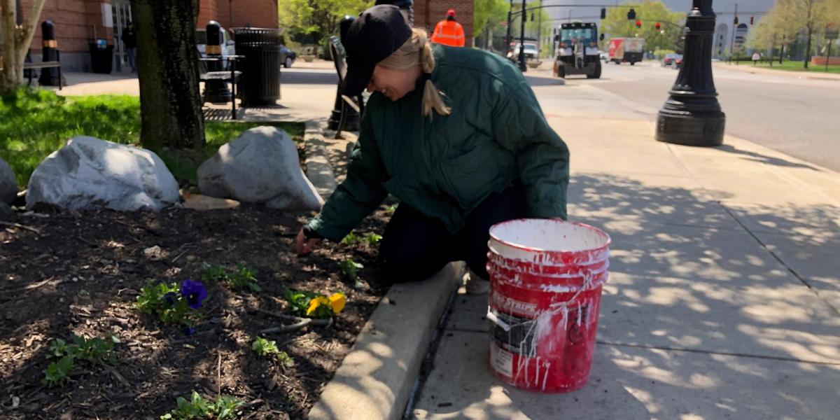 person pulling weeds near Blackwell Hotel