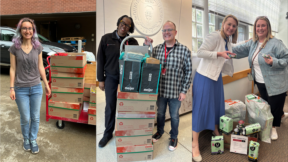 Three different photos in one collage of people smiling in front of the food donations.